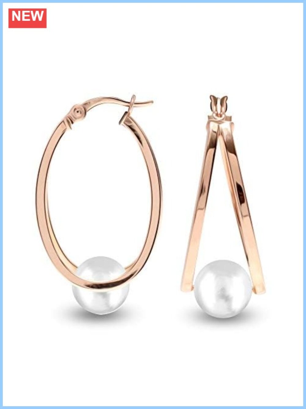 925 Sterling Silver Pearl Double Oval Hoop Earrings Click-Top